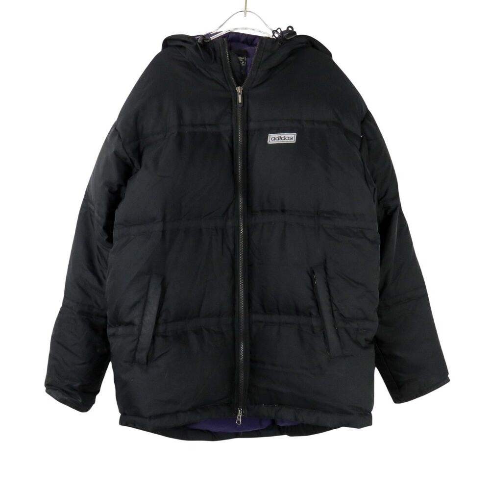 1990s Vintage Adidas Men's Black Down Puffer Coat Jacket with Hood Size Small